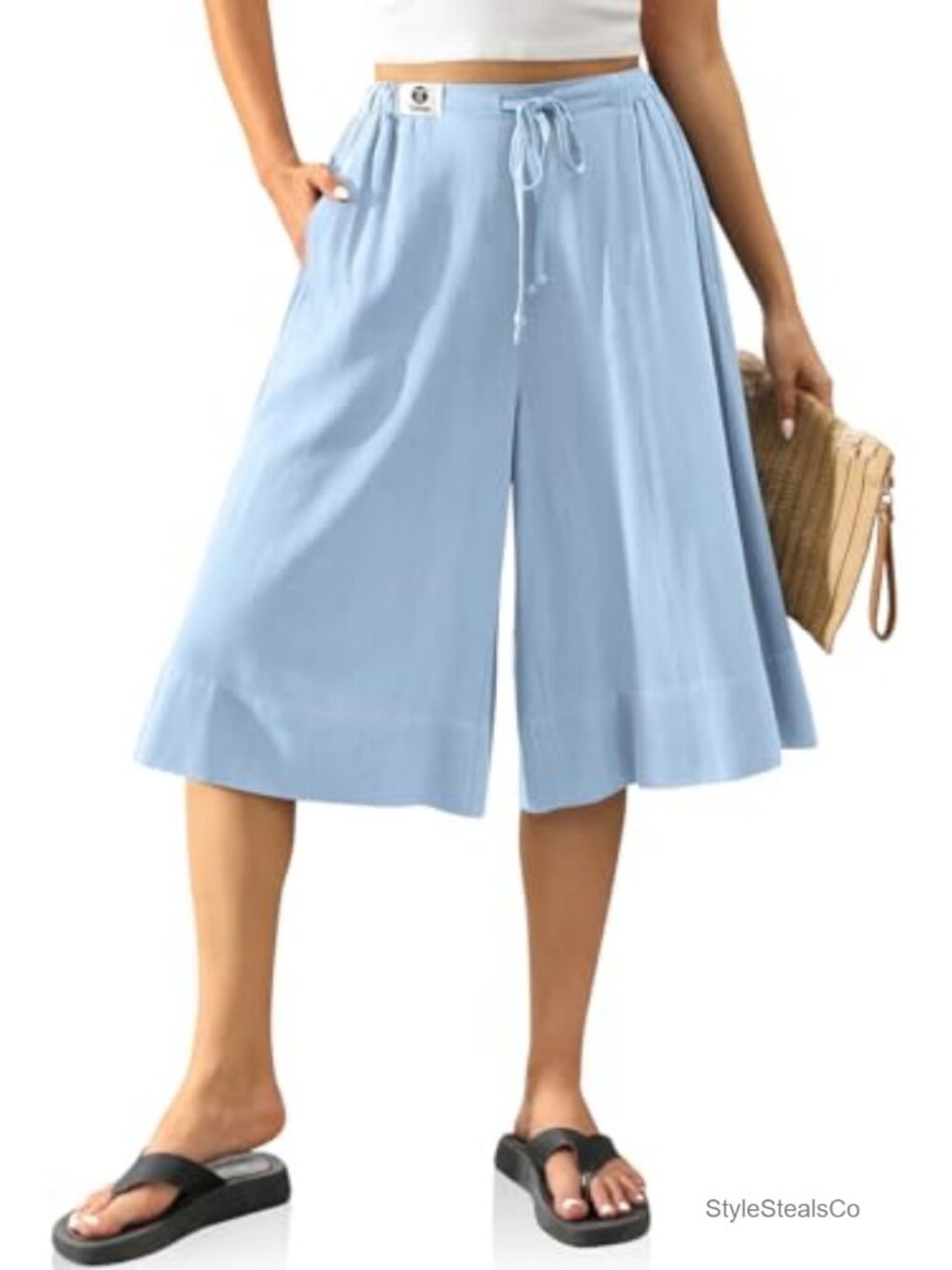 Linen Blend Wide Leg Culottes with Pockets Flowy Skirt Pants